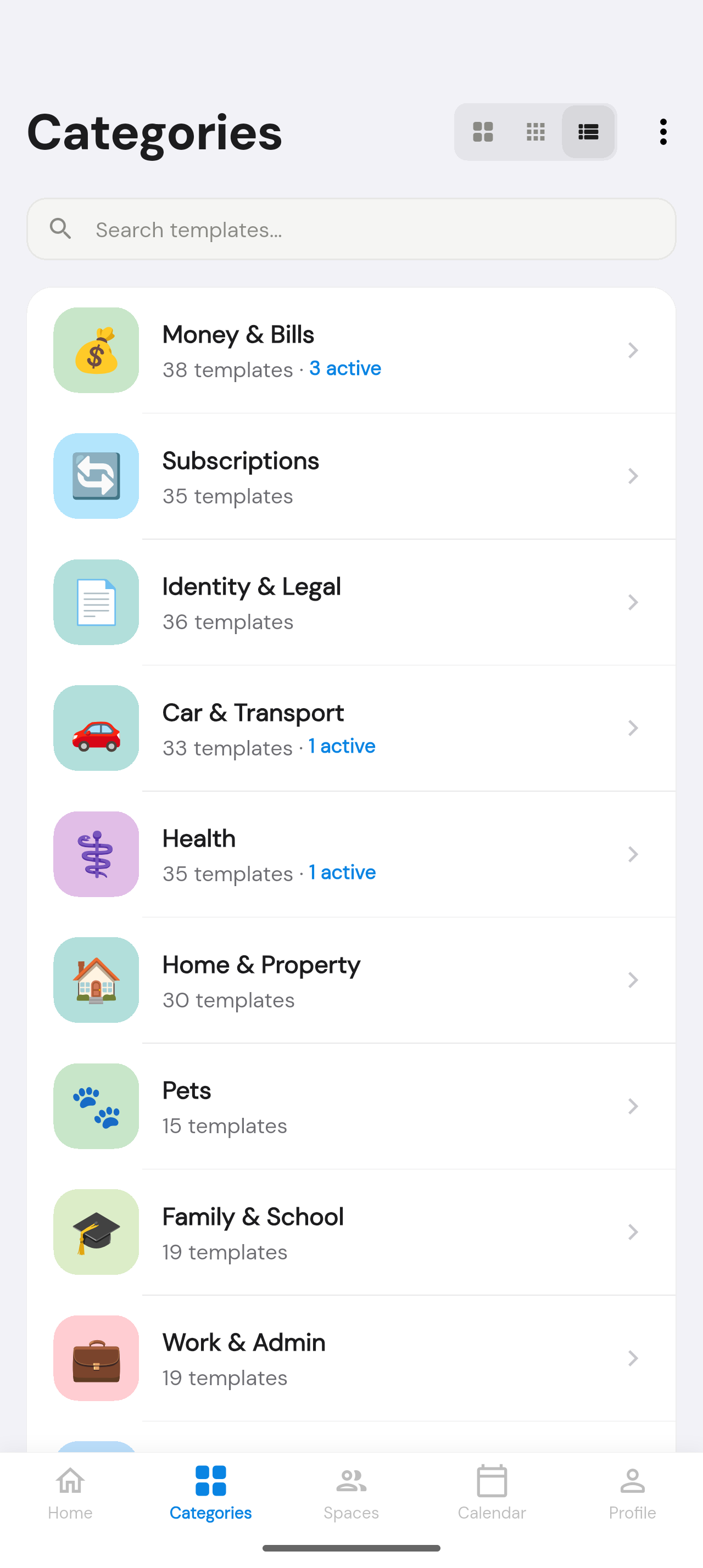 ReMinder categories screen