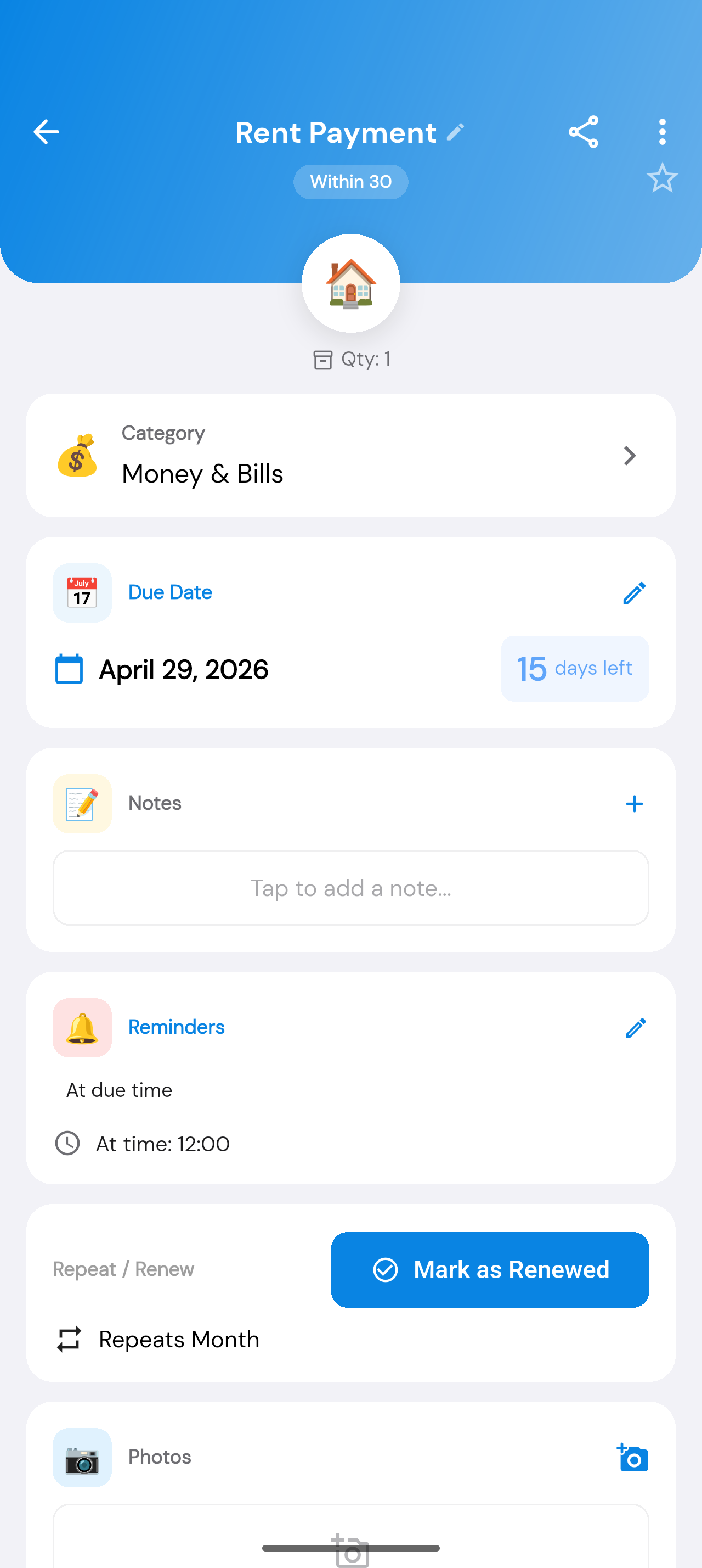 ReMinder item detail screen