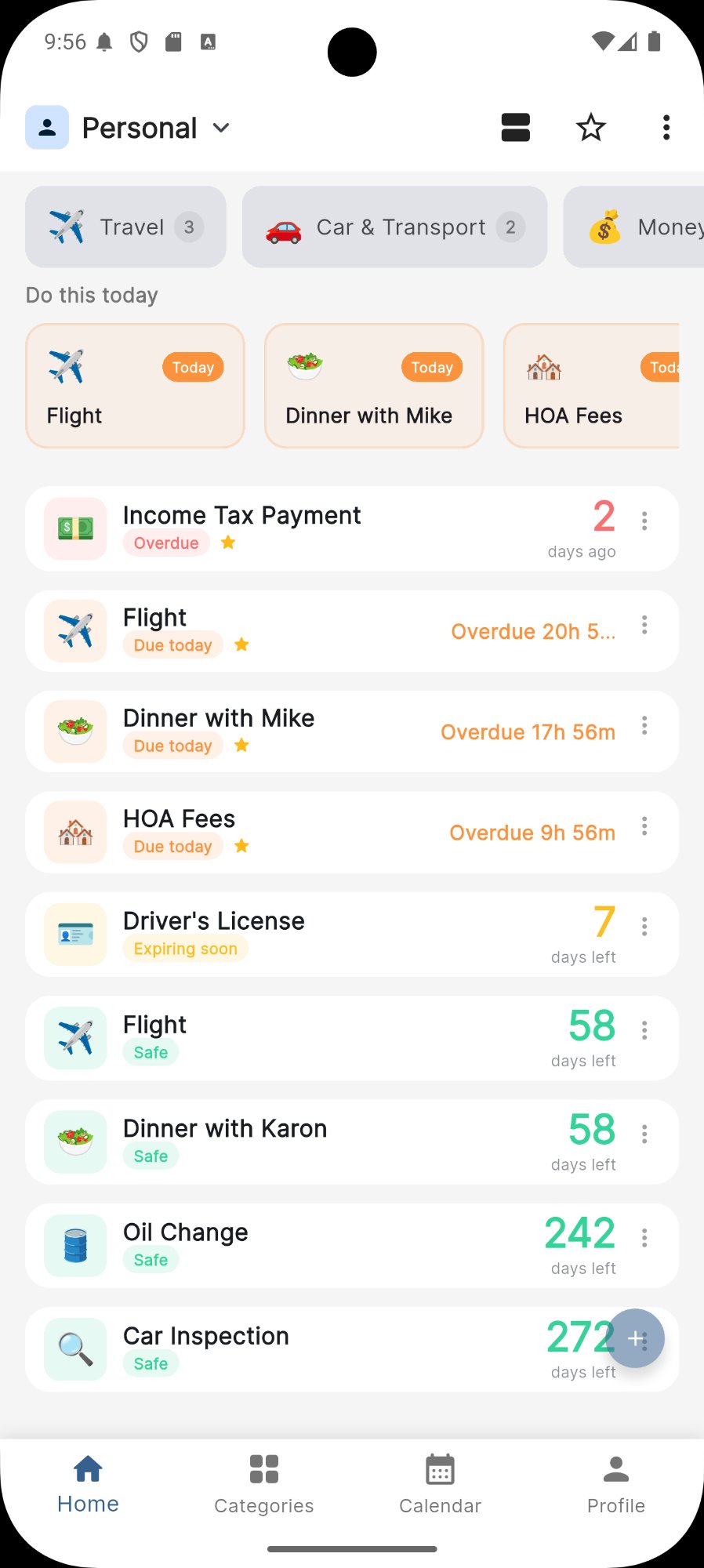 ReMinder home list screen